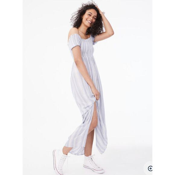 Aeropostale Blue White Striped Off Shoulder Smocked Stretch Top Dress Size XL - Picture 1 of 8